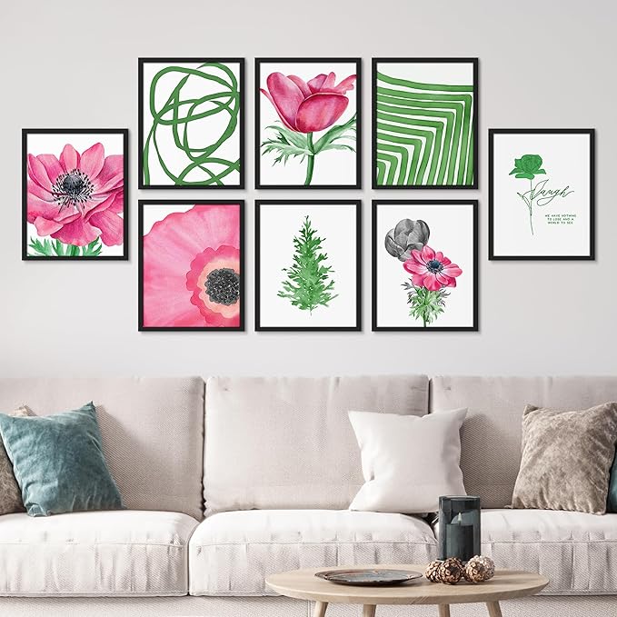 SIGNWIN Framed Poster Bathroom Decor, Wall Art Room Decor Multicolor for Living Room, Bedroom, Office Pink Daisy Jungle Tropical Botanical Palm Leaf Nature Abstract Shapes - 12"x16"x 8 Black
