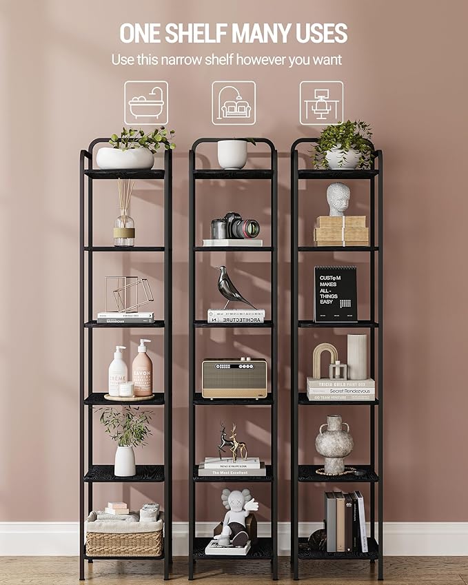 Bookcase Bookshelf, Narrow Book Shelf, Industrial Corner Shelf Storage Organizer, Slim Shelving Unit for Home Office, Living Room, Bedroom, Kitchen, 6-Tier Black BC24604B