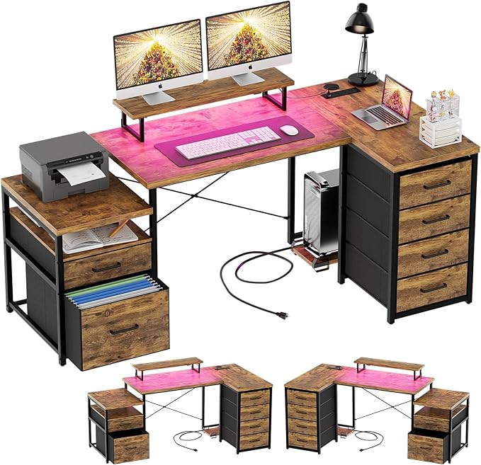 Unikito Reversible L Shaped Computer Desk with Fabric File Drawers, 70.8" Large Office Desk with RGB LED Light & Power Outlets & Monitor Stand & CPU Stand, Sturdy Corner Gaming Desk, Rustic Brown