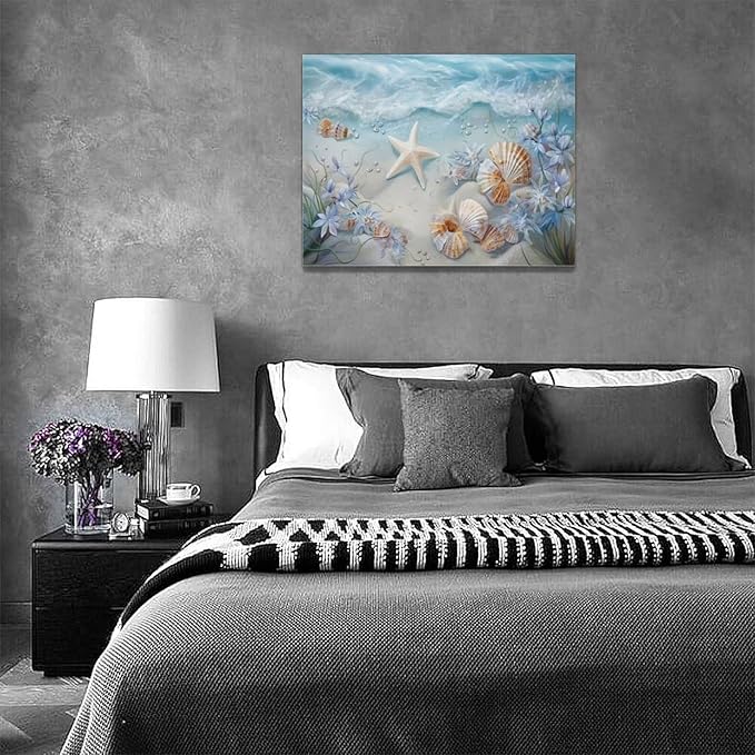 Beach Seashell Bathroom Wall Art Coastal Floral Pictures Wall Decor Flower Starfish Canvas Painting Modern Decoration Artwork for Bathroom Living Room Bedroom Office Framed 16"x12"
