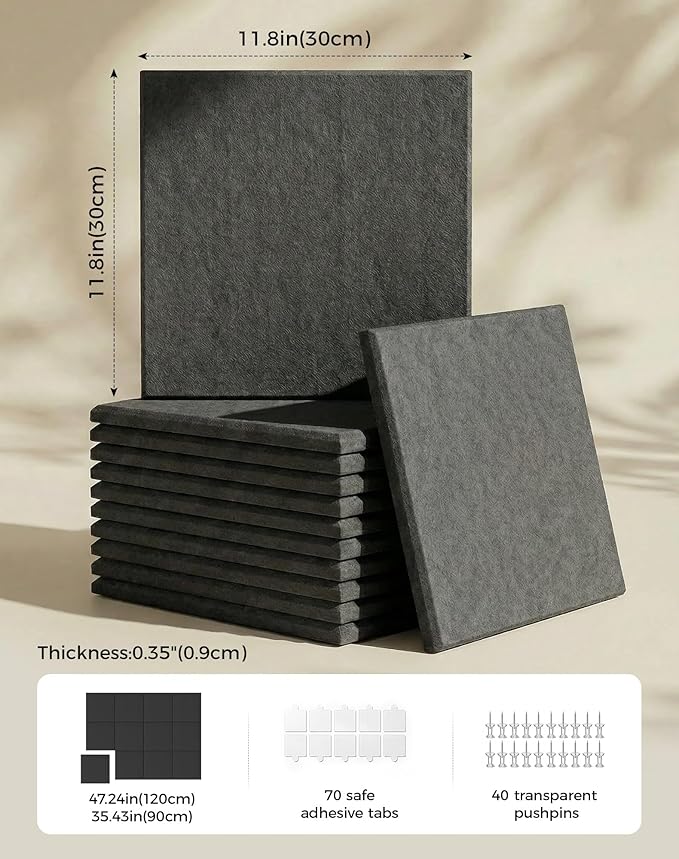 Aothia 12-Pack Felt Bulletin Board Tiles for Walls - 48x36 Modular Bulletin Board, Cork Board Alternative Pin Board for Office & Classroom, 70 Adhesive Tabs & 40 Push Pins Included (Charcoal Gray)
