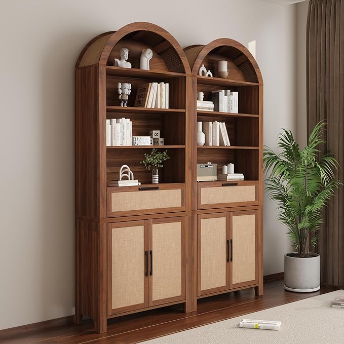 79" Tall Arched Bookcase with Storage, Mid Century Modern 6-Tier Cabinet with Door and Drawer, Arched Bookshelf with Open Display Shelf for Office Living Room(Walnut, 79inch-Doors)