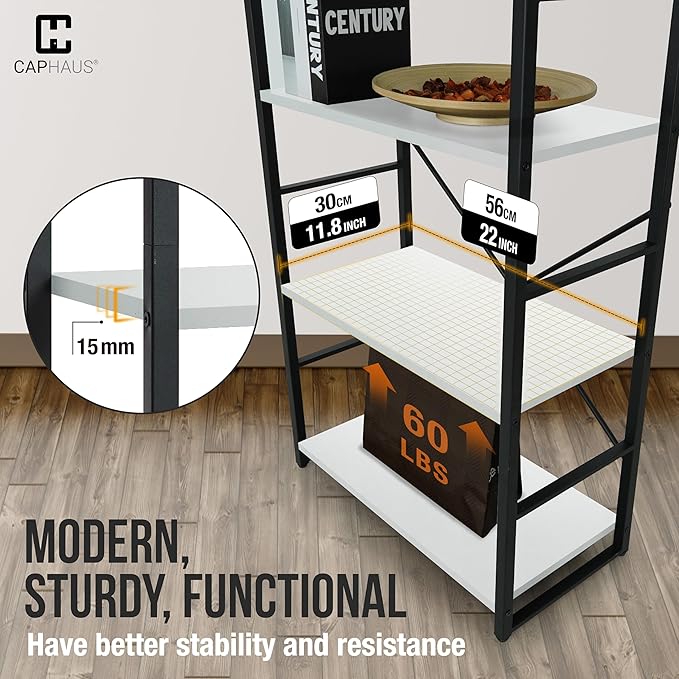 CAPHAUS 2 Tier Small Bookshelf, Bookcase Shelf Storage Organizer for Living Room, 24 Inch Width Free Standing Shelf, Industrial Book Shelves for Home Office, White Shelves & Metal Frame