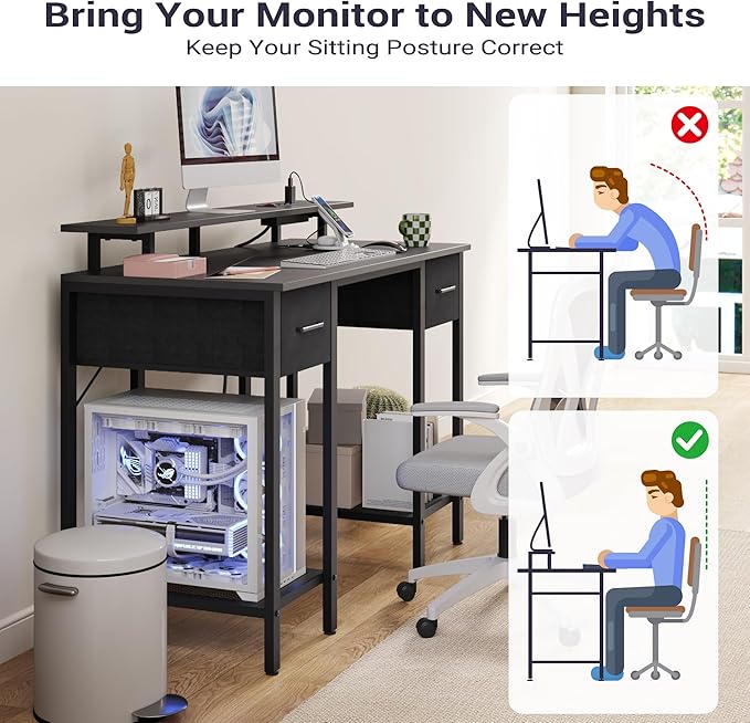 Black Computer Desk with Drawers, 42 Inch Home Office Desk Study Writing Table, Gaming Desk with USB Power Outlets, Office Desk with Fabric Drawer, Work Table with Shelf for Bedroom, Black