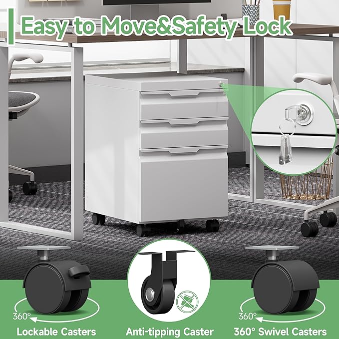 File Cabinets for Home Office,File Cabinet with Lock, 3 Drawer Metal Filing Cabinet for A4/Letter/Legal Size Folder, Assembly Required,White