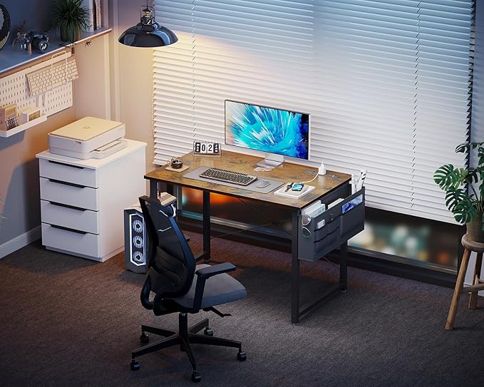 KKL Small Desk with Power Outlets and USB Port Computer Desk for Home Office Gaming Simple Modern Style Writing Desks with Storage Bag Headphone Hook, 32 inch, Rustic Brown