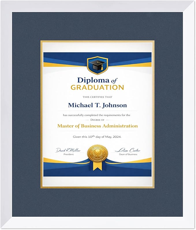 Diploma Frame Bright White with Navy Blue Over Gold Double Mat - Fits 10 x 13 College Diploma (Portrait Traditional) Wall Display Made in the USA