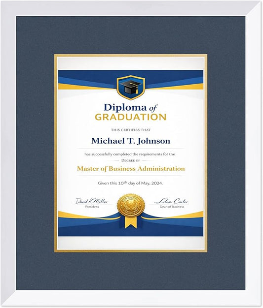 Diploma Frame Bright White with Navy Blue Over Gold Double Mat - Fits 10 x 13 College Diploma (Portrait Traditional) Wall Display Made in the USA