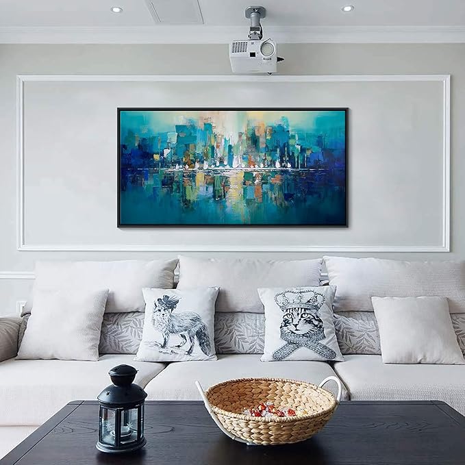 Large Framed Abstract Wall Art for Living Room - Teal and White Modern Cityscape Painting, Contemporary Canvas Wall Decor for Office, Bedroom, Ready to Hang Size 20×40 Inch