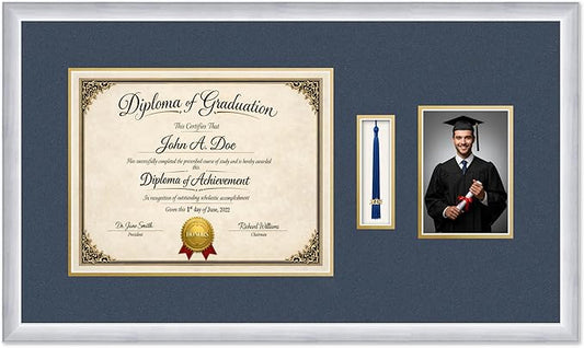 Diploma Tassel and Photo Frame Stainless Silver Shadowbox Navy Blue Over Gold Mat - Fits 14 x 11 Degree Picture Made in the USA