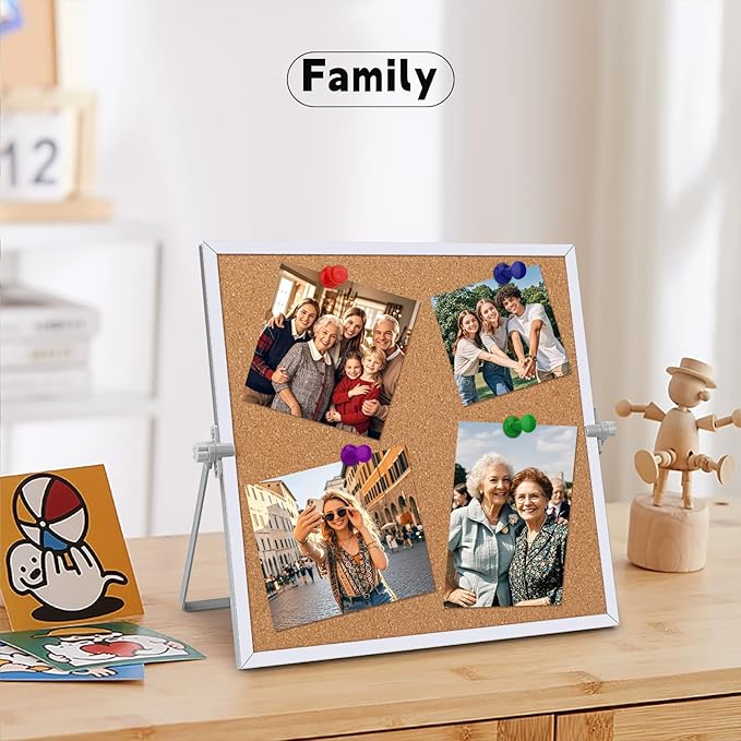 11.81"×11.81" Cork Board Bulletin Board, Double Sided Pin Board with Silver Aluminum Border, Desktop Small Cork Board with Stand Suitable for Home, Office, Desk Message Board or Picture Board