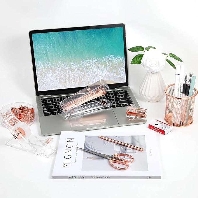 Rose Gold Desk Accessories, Office Supplies Set with Acrylic Stapler, Tape Dispenser, Staple Remover, Pen Holder, Scissor, Binder Paper Clips, 1 Ballpoint Pen, 1 Clear Tape and 1000pcs Staples