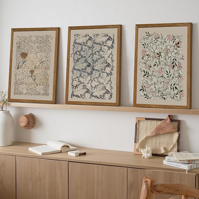 Krtoni 3PCS Framed Vintage William Morris Wall Art, Neutral Abstract Floral Canvas Artwork Prints, Rustic Boho Farmhouse Flower Botanical Picture Paintings for Living Room Bedroom Office 16W x 24H
