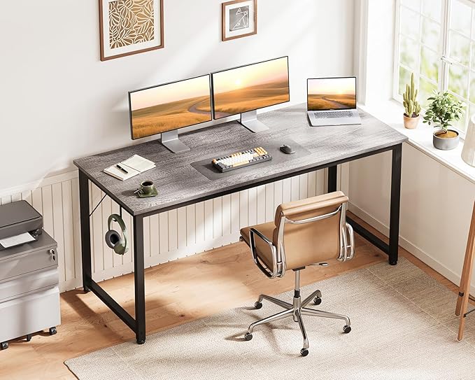 Casaottima 54 Inches Small Computer Desk, Work Study Table for Home Office, Kids Student Writing Desk with Headphone Hooks, Grey