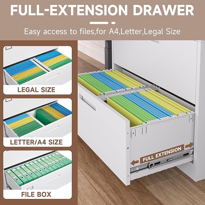 4 Drawer Lateral File Cabinet with Lock, Metal Filing Cabinets for Home Office, Wide Locking File Caninets, White Office Storage Cabnet for Hanging Letter/Legal / A4 / F4 - Assembly Required
