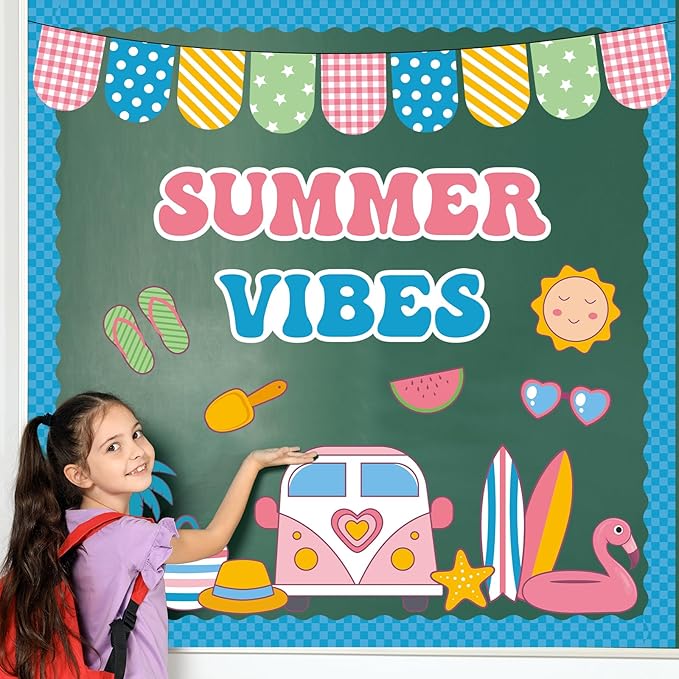 Hello Summer Bulletin Board Set Beach Theme Classroom Bulletin Board Decorations Surfing Tropical Palm Cutouts for Back to School Bus Teacher Supplies Nursery Home Chalkboard Wall Door Decor