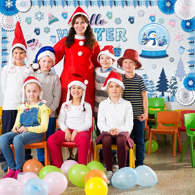 73 Pcs Winter Bulletin Board Set Pink Winter Wonderland Classroom Decorations Snowman Snowflake Paper Cutouts with Paper Fans for Holiday School Classroom Home Wall Decor