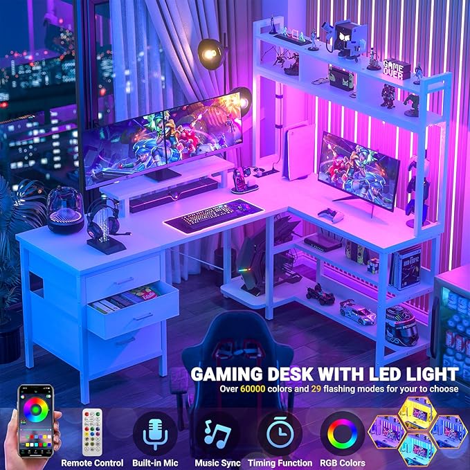Aheaplus L Shaped Gaming Desk with Hutch, Gaming Desk with Led Lights, Reversible Computer Desk with Power Outlet, Corner Desk with File Drawer & Monitor Stand, Storage Shelves for Home Office, White