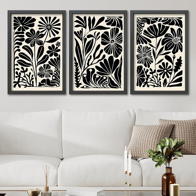 TQianJiang Flower Plant Sign Wall Decor 16"X11" Set of 3 Black And White Botanical Painting Wood Framed for Bedroom Abstract Wildflower Hanging Art (Black)
