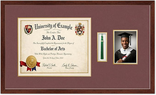 CountryArtHouse Diploma Tassel and Photo Shadowbox Fits 15 x 12 Military/Government with Tassel Hook a Rustic Walnut Genuine Hardwood with Dark Red Over Metallic Gold Double mat