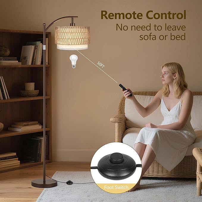 ROTTOGOON Arc Floor Lamps for Living Room, Boho Farmhouse Floor Lamp with Remote & Dimmable Bulb, Standing Lamp with Rattan & Fabric Shades, Adjustable Tall Lamp for Bedroom Office-Brown