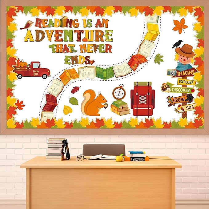Pasimy 59 Pcs Fall Thanksgiving Reading Bulletin Board Fall Reading is an Adventure Bulletin Board Classroom Decoration Maple Leaves Paper Cutouts for Autumn Thanksgiving Chalkboard Wall Decor(Road)