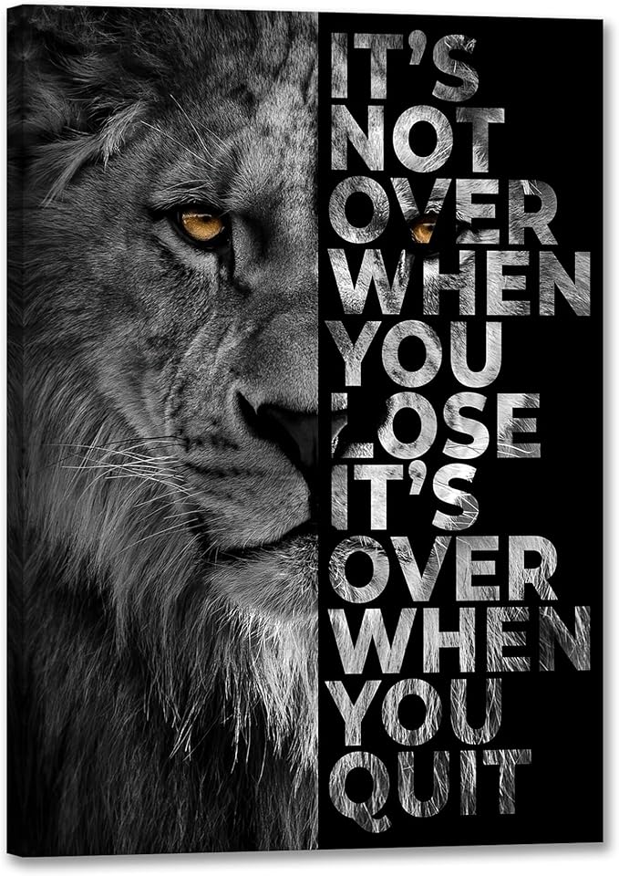 Lion Head Prints Canvas Inspirational Wall Art Black and White Animals Poster Motivational Quote Picture for Office Decor Framed Ready to Hang12x16inches