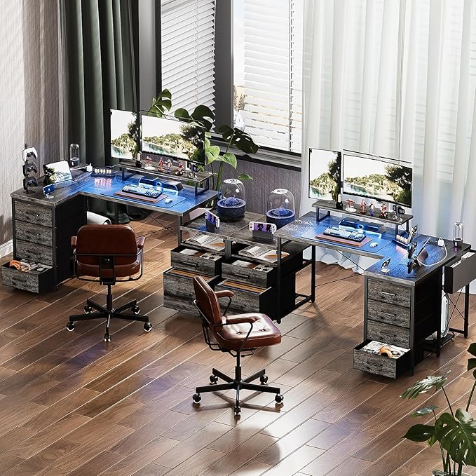 Unikito 70.8" Reversible L Shaped Computer Desk with Fabric File Drawers, Corner Desk with RGB LED Light & Power Outlets & Monitor Stand, Large Gaming Desk for Home Office Workstation, Black Oak