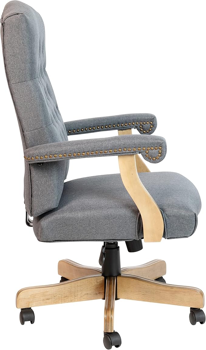 Flash Furniture Derrick Traditional Office Chair - Gray Fabric Tufted Swivel Office Chair - Home Office Desk Chair with Driftwood Base