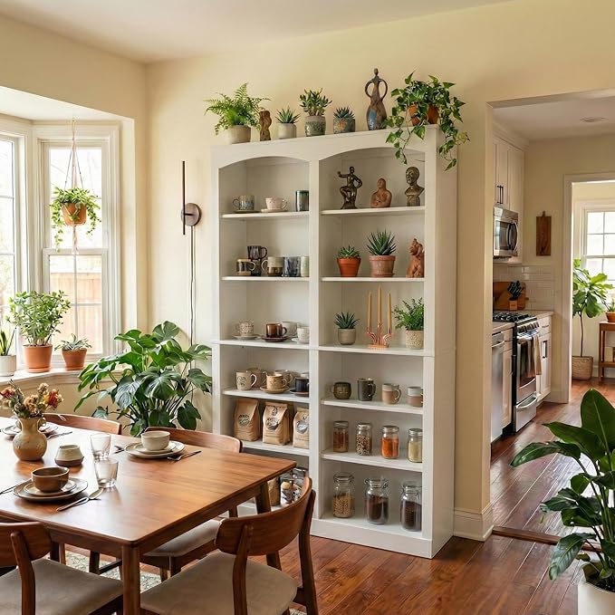 71" Tall Bookcase, Double Wide White Bookshelf with Arched Design, 12-Tier Open Wood Display Shelf Storage Organizer for Living Room, Home Office (41.6" W x 70.8" H)