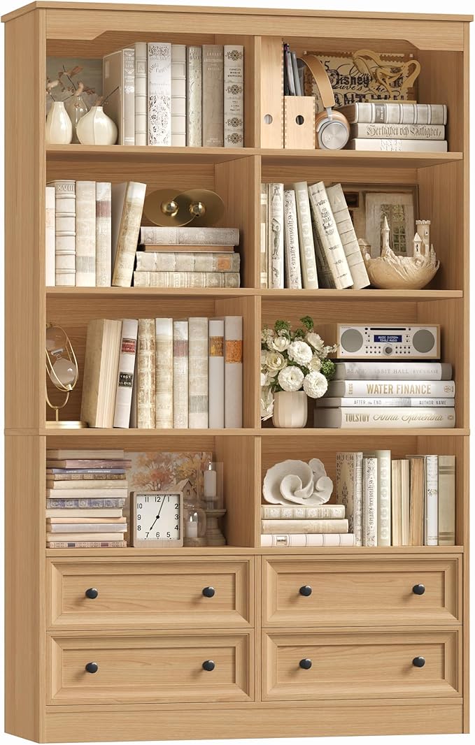 FINETONES 71" Tall Bookshelf with 4 Drawers, 6-Tier Double Wide Bookshelves and Bookcases with Storage, Natural Bookshelf Large Open Bookshelves Standing Book Cabinet for Home Office