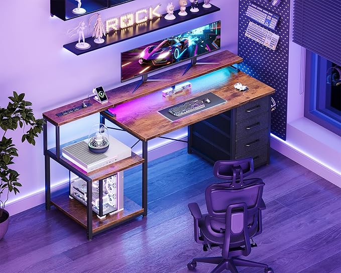 ODK 55 Inch Computer Desk with 4 Fabric Drawers & Power Outlets, Home Office Desk with Monitor Stand & Shelves, Brown