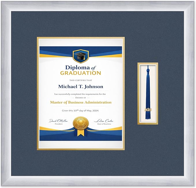 Diploma Frame with Tassel Holder 18.75 x 18 Stainless Silver Shadowbox Navy Blue Over Gold Mat - Fits 8.5 x 11 Degree Made in the USA
