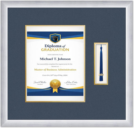 Diploma Frame with Tassel Holder 18.75 x 18 Stainless Silver Shadowbox Navy Blue Over Gold Mat - Fits 8.5 x 11 Degree Made in the USA