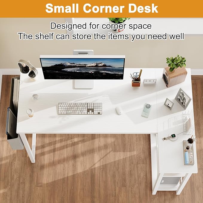 Grandder L Shaped Computer Desk with Reversible Shelves, 40 Inch Small Corner Desk with Storage Bag, Gaming Desk Computer Table Study Writing Desk for Home Office Small Space, White