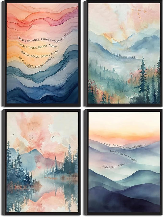 4pcs Mental Health Inhale Exhale Meditation Wall Art Abstract Watercolor Painting Picture Wall Decor Therapy Office Pictures Poster Print Artwork for Meditation Room Calming Corner Decoration Unframed