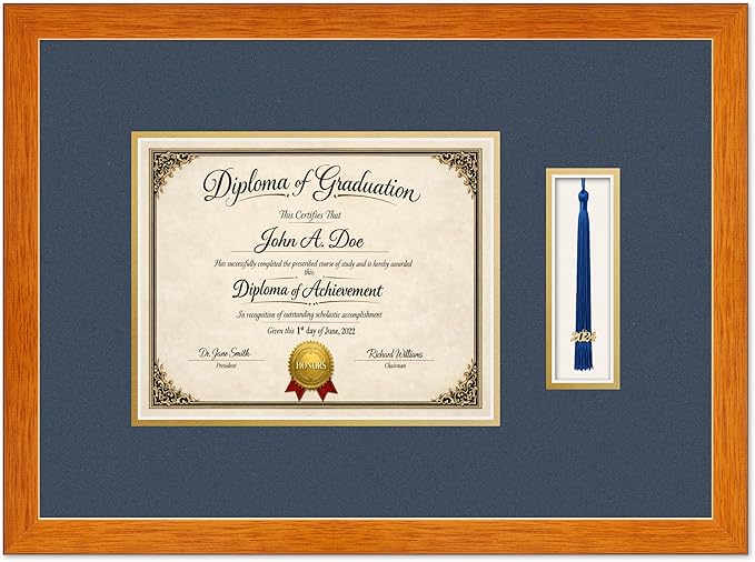 Diploma Frame with Tassel Holder Honey Oak Shadowbox Navy Blue Over Gold Mat - Fits 10 x 8 Degree Made in the USA