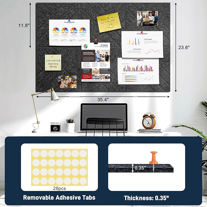 Large Cork Board Alternative - 6 Pack 36" x 24" Felt Wall Tiles with Safe Removable Adhesive Tabs, Grey Cork Boards for Walls Pin Board Bulletin Board Cork Board for Office