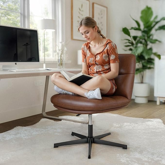 Flash Furniture Chloe Commercial Mid-Back Swivel Office Chair, Wide Design, Padded LeatherSoft, Adjustable Height, Ergonomic Mid-Rise Back, Armless, Cognac/Black