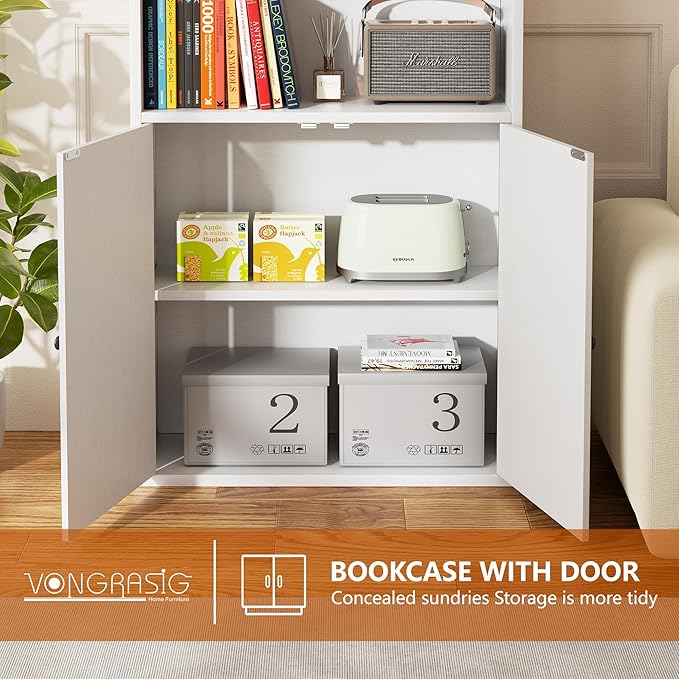 Vongrasig 6-Tier Open Bookcase and Bookshelf with Doors, Floor Standing Farmhouse Display Storage Shelves 71 Inch Wood Tall Bookcase for Home Office, Living Room, Bed Room, White, 2 Pieces