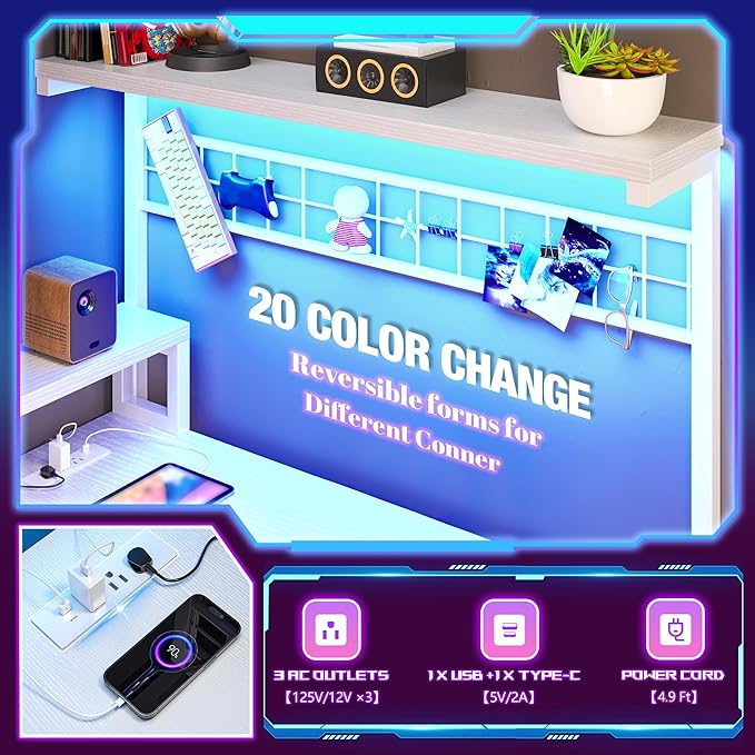 EEnHomee 56" Medium L Shaped Gaming Desk with LED & Power Outlets,Computer Desk with Monitor Stand & Print Stand for Home Office,Reversible Corner Gaming Table with Storage Shelf & Hooks,White