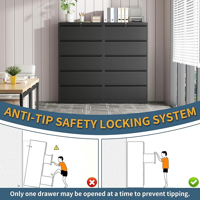 5 Drawer File Cabinet with Lock, Lateral Filing Cabinets,Metal Storage Filing Cabinets for Home Office, Heavy Duty File Cabinet for Letter/Legal/A4/F4 Size Amsseble Required, Black
