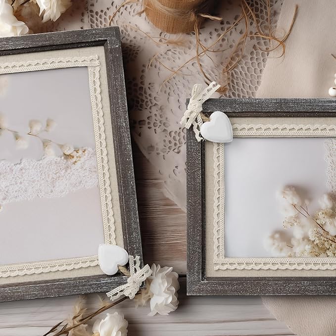 Afuly 4x6 Rustic Picture Frame White Heart Picture Frame Cute Burlap Distressed Wood Photo Frames Farmhouse Decor for Wall or Tabletop Display, Birthday Gifts for Mom Grandma