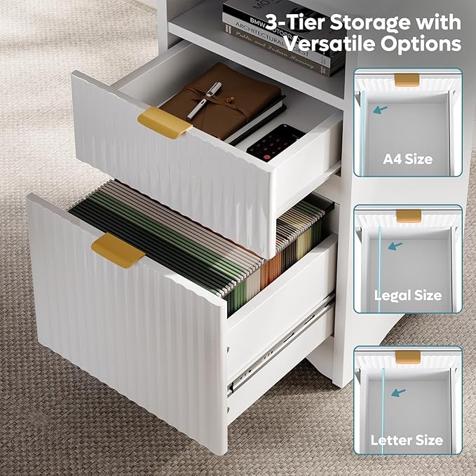 Bestier L Shaped Desk with File Drawer, 55.7" x 55" Office Computer Desk with Round Corners, Modern Desk with Monitor Stand & Fluted Panels for Home Office, White