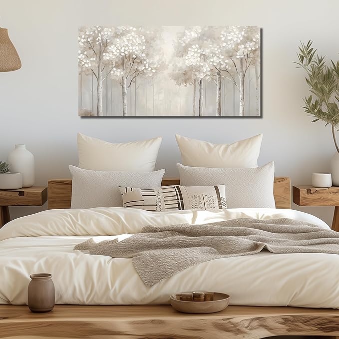 ANCXWOTER Large Forest Wall Art for Living Room Light Grayish-White Misty Birch Tree Picture for Bedroom Office Modern Landscapes Canvas Prints Ready to Hang 20x40 Inch（This color is a kind of light beige with a hint of gray, misty and dim.）