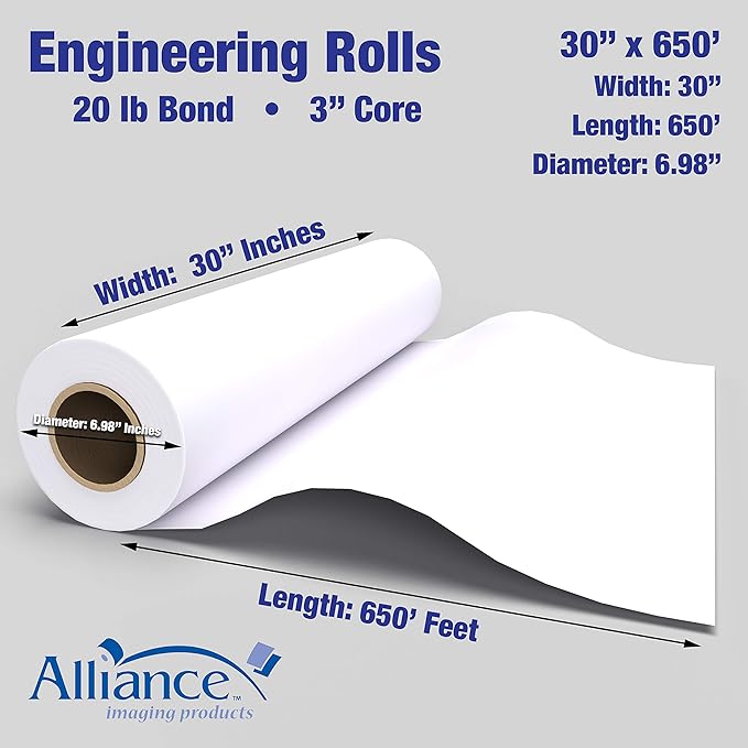 Alliance Wide Format Paper 30” x 650’ Rolls Bond Engineering 92 Bright 20lb - 35 Rolls Per Pallet with 3” Core