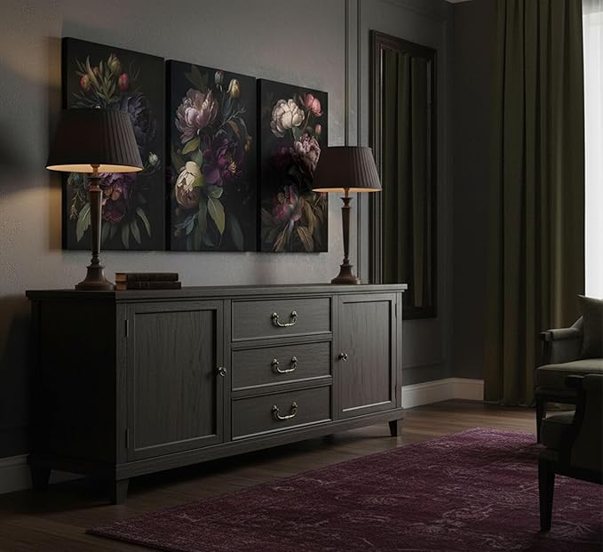3 Pcs Moody Floral Canvas Wall Art Vintage Dark Peony Flowers Botanical Still Life Painting Picture Wall Decor Poster Print Artwork for Living Room Bedroom Women Room Home Decoration