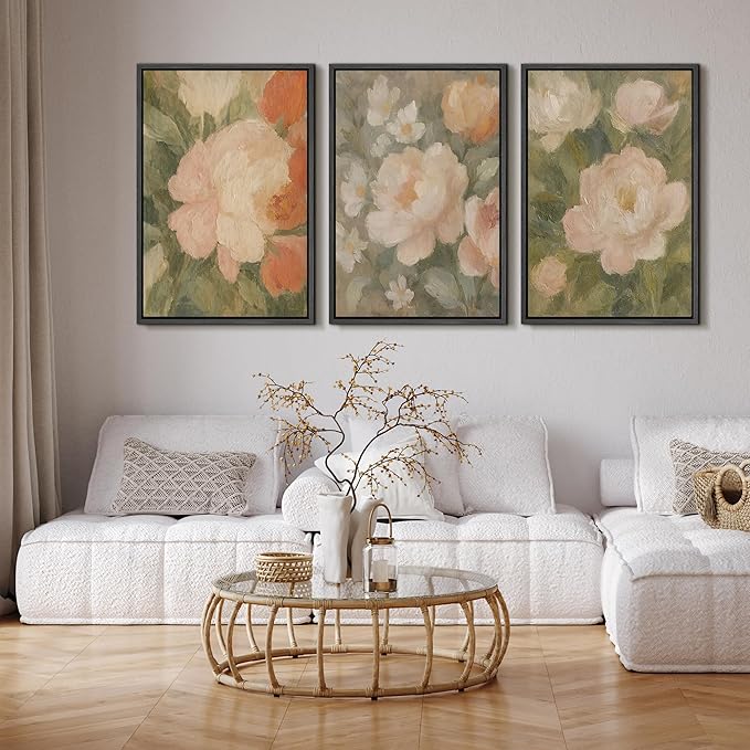 SIGNFORD Framed Wall Art Print Set Soft Pastel Peony Floral Romantic Botanical Digital Art Modern Art Contemporary for Living Room, Bedroom, Office - 16"x24"x3 BLACK