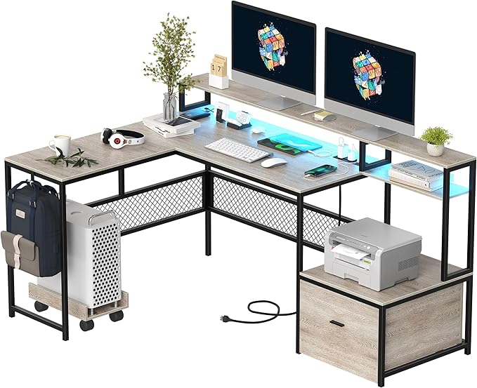 L Shaped Desk with Drawers, 66" Home Office Desk with Power Outlet and Led Strip, Computer Desk with Storage Shelves & Monitor Stand, Large Corner Desk Gaming Desk, Grey