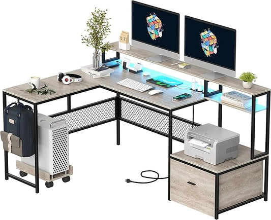 L Shaped Desk with Drawers, 66" Home Office Desk with Power Outlet and Led Strip, Computer Desk with Storage Shelves & Monitor Stand, Large Corner Desk Gaming Desk, Grey